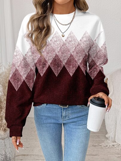 SHEIN LUNE Women's Sweatshirt, Diamond Grid Gradient Pattern, Christmas Outfit New Year Atmosphere Holiday Party Women's Clothing Modern Vacation Nomad Casual Fashion All-Season Versatile Women's Country Music Concert Outfit Western Style Women's Clothing Nomad Style Bohemian Modern Urban Fashion Business Women's Clothing Office Wear Low-Key Old Money Style Elegant High-End Commute Airport Outfit
