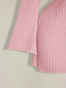 SHEIN ICON 女款大尺碼秋冬保暖復古優雅通勤簡約V領喇叭袖毛絨羅紋黑色緊身洋裝 - 粉色 - 查看 7