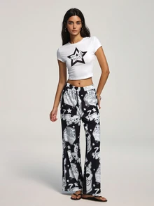 SCOOBY-DOO X SHEIN Women's Sexy Cropped Top And Cartoon Print Long Pants 2 Pieces Set - Black and White - View 1