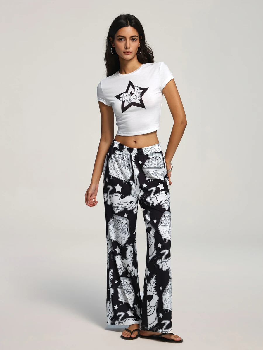 SCOOBY-DOO X SHEIN Women's Sexy Cropped Top And Cartoon Print Long Pants 2 Pieces Set - Black and White - View 1