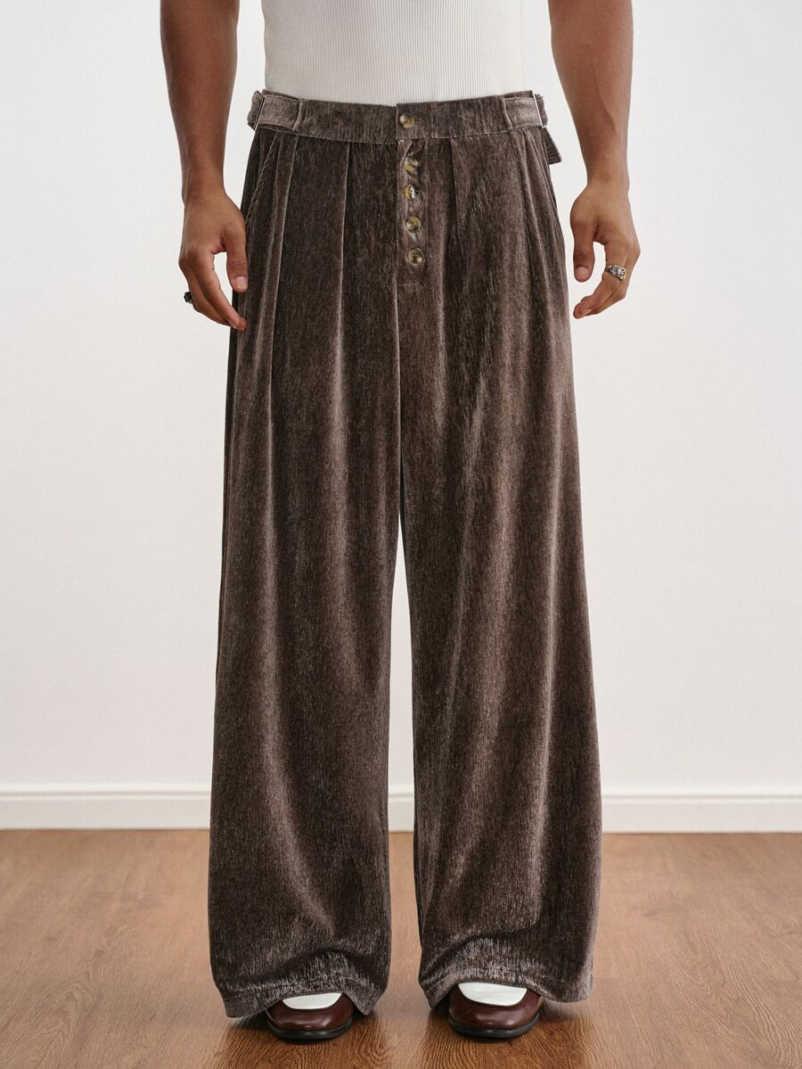 TOKVUE Men's Button Design Pleated Wide Leg Loose Casual Pants - Coffee Brown - View 1