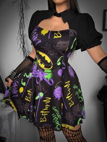 Whyspr BATMAN X SHEIN Plus Size Women's All-Over Print Fashion Party Dress Halloween - Multicolor - View 1