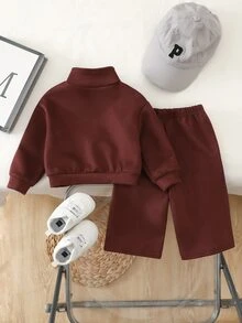 SHEIN Baby Girl Cute Pink Knit Autumn Winter Jacket And Elastic Waist Pants Set - Burgundy - View 2