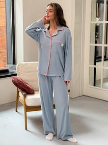 Livesso Women's Colorblock Long Sleeve Top And Pants Casual Daily Home Sleepwear Set - Blue - View 5
