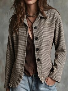 LUMIGAL Autumn/Winter Vintage Elegant Brown Houndstooth Fabric Lapel Long Sleeve Loose Fit Women's Jacket With Ruffle Hem - Multicolor - View 8