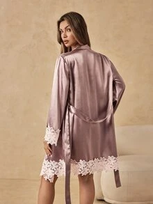 HautHeat Women's Contrast Lace Long Sleeve Robe, Camisole And Shorts Fashion Pajama Set - Rusty Rose - View 6