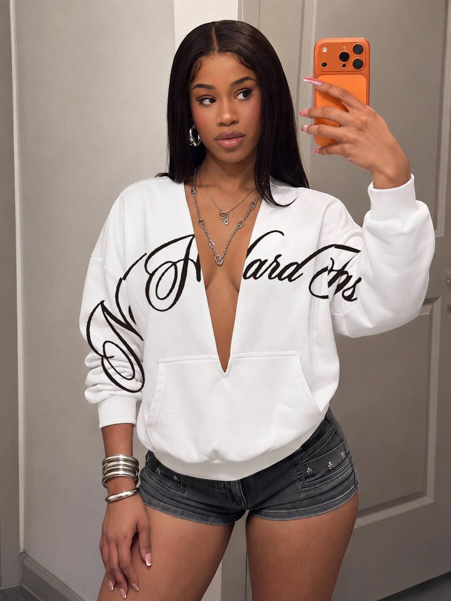 Slaydiva Women's Letter Print Deep V-Neck Casual Daily Long Sleeve Sweatshirt - Multicolor - View 1