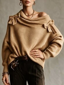 LUMIGAL Women's Asymmetric Shoulder 3D Bow Decor Long Sleeve Sweater Thanksgiving Dinner Everyday Camel Cute Elegant - Camel - View 4