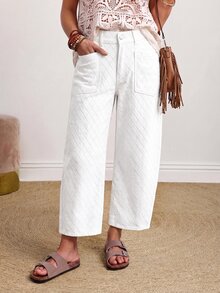 Breezaya Plus Size Textured Button Denim Cropped Curved Leg Pants - White - View 1