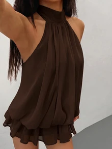 SHEIN PETITE 女款優雅淡黃色掛脖繫帶迷你洋裝，適合派對、約會，秋冬/春夏穿著 - 棕色 - 查看 6