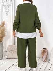 SHEIN EMERY ROSE CURVE 大尺碼女款秋季對比色長袖襯衫長褲兩件套，橄欖綠休閒通勤套裝，適合辦公室穿著 - 軍綠色 - 查看 2