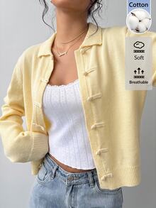 SHEIN BASICS Plus Size Women's Solid Color Long Sleeve Button-Front Knit Cardigan, Autumn/Winter - Yellow - View 6