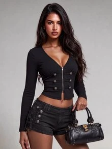 Nooralise Black Double-Row Metal Buckle Decor + V-Neck Long Sleeve Cropped Knit Top, Ribbed Elastic Fabric, Front Zipper Closure, Slim Fit Waist, Cropped Length, Vintage Hot Girl Style, Suitable For Daily Wear, Dating, Party, Layering, Spring/Autumn - Black - View 5