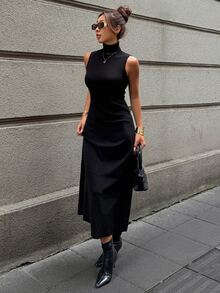 DAZY Women's Solid Color High Neck Sleeveless Fitted Fashion Knit Dress - Black - View 3