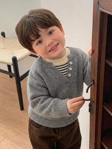 Hapijoa 幼童男童秋冬拼接配色二合一長袖毛衣 - 灰色 - 查看 4