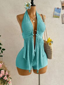 Soleia 女款度假掛脖露背綁帶上衣與短褲兩件套，無胸墊，淺藍色夏季熱帶性感海灘派對裝 - 薄荷綠 - 查看 3