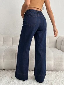 SHEIN 孕婦高腰寬腿鬆垮休閒百搭牛仔褲套裝，適合拍照與孕照拍攝，海軍藍 - 深色水洗藍 - 查看 6