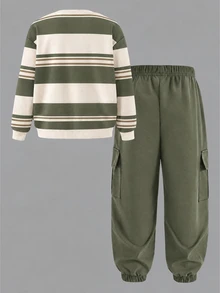 1 Set Digital Print Striped Multicolor Top Brown Pants Tween Boys Long Sleeve Sweatshirt And Jogger Cargo Pants Set Casual Cool - Multicolor - View 3
