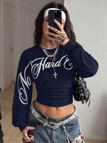 Coolane Women's Solid Color Round Neck Long Sleeve Ruched Casual Sweatshirt - Navy Blue - View 6