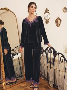 Côtesoire Women's Lace Patchwork Long Sleeve Top And Pants Pajama Set - Black - View 6