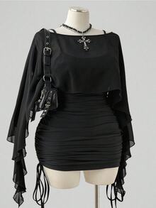 SHEIN CURVE+ Plus Size Women Solid Color Boat Neck Extra Long Sleeve Top And Pleated Cami Dress Set - Black - View 7