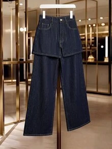 GlowEve Fall Casual Slimming Button Zip Denim Dark Blue Daily Wear Shopping Versatile Straight Leg Denim Jeans For Women - Blue - View 2