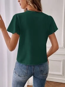 Dayvera 女款純色缺口V領短袖上衣，夏季休閒通勤短袖上衣 - 墨綠色 - 查看 2