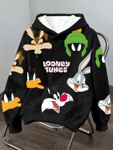 LOONEY TUNES X SHEIN Daypath 男士卡通印花長袖休閒連帽衛衣 - 黑色 - 查看 1