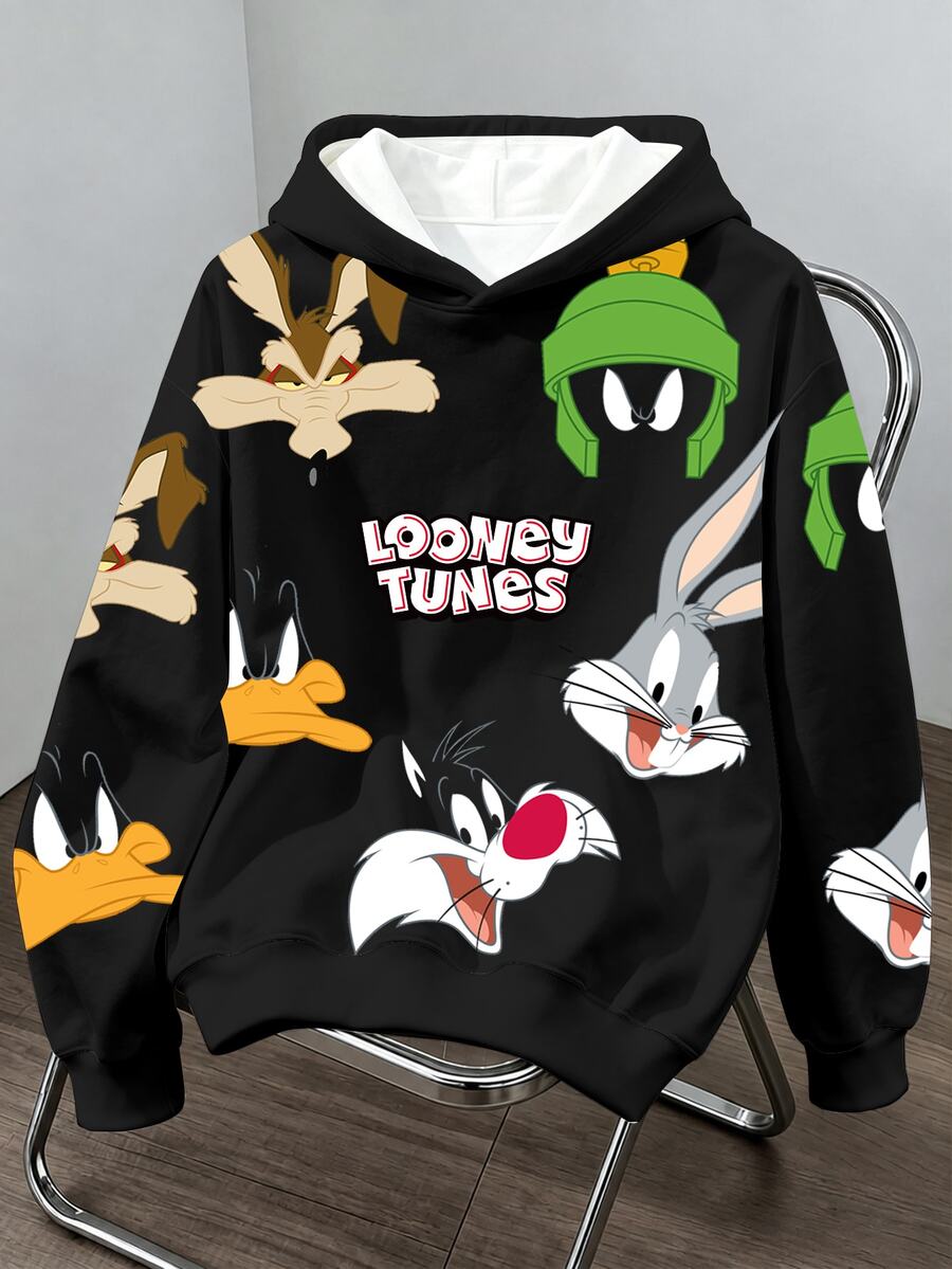 LOONEY TUNES X SHEIN Daypath 男士卡通印花長袖休閒連帽衛衣 - 黑色 - 查看 1