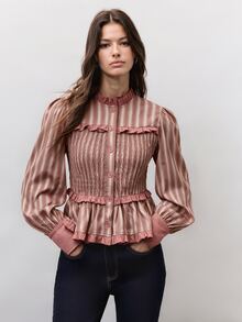 Nöista 女款條紋百褶休閒日常穿著襯衫 - 藕粉色 - 查看 3