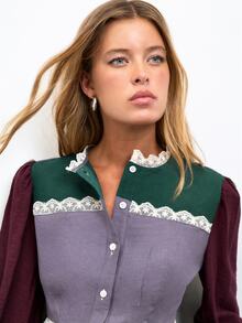 Nöista Color Block Blouse With Lace Detail - Dark Green - View 5