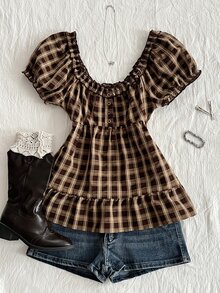 Elamini Summer Sweet Vintage Ruffle Petal Sleeve Blouse - Brown - View 5