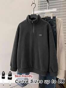 SHEIN CURVE+ 巧克力棕大尺碼女款字母印花羊羔絨衛衣，秋冬款 - 深灰色 - 查看 3
