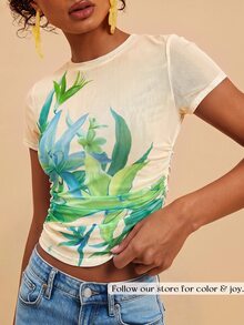 Travachic 女款花卉印花圓領時尚度假上衣 米色優雅熱帶性感 派對上衣 田園休閒上衣 - 彩色 - 查看 1