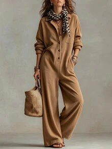 Breezaya Women's Solid Color Collared Button Pocket Design Elegant Casual Vacation Daily Easy-To-Match Long Sleeve Jumpsuit, New For Autumn, Winter, Spring - Brown - View 7