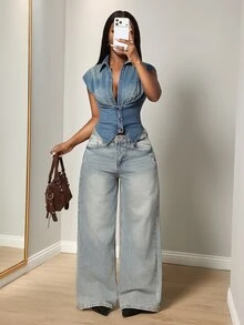 BamGleam Women's Collared Slim Fit Fashion Washed Denim Short Top - Medium Wash - View 4