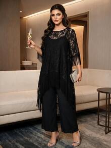 Auveirra Plus Size Women's Elegant 2 Pieces Set With Patchwork Tassel Cuff High-Low Hem Lace Top And Long Pants - Black - View 7