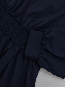 Linhara 大尺碼圓領長袖A字裙口袋收腰長洋裝秋季 - 藏蓝色 - 查看 7