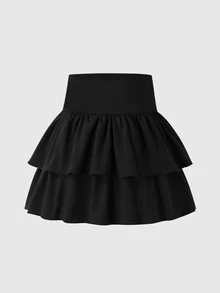 SHEIN 女童 2 件組防磨損裙褲套裝，純色針織 A 字裙附內建短褲，適合學校、運動與日常穿著，秋季黑色迷你裙 - 黑色 - 查看 2