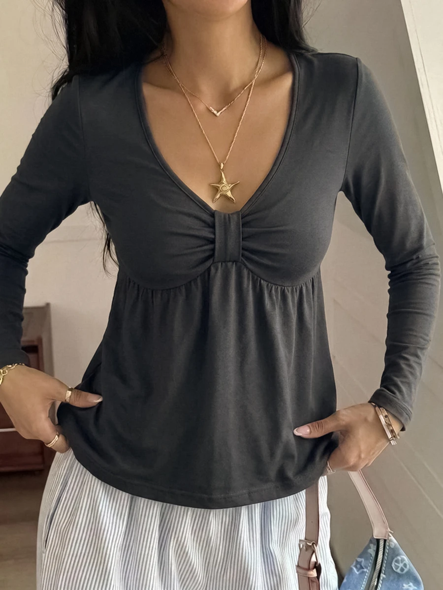 DAZY 女款素色百褶休閒百搭日常穿著T恤 秋季 - 藏蓝色 - 查看 1