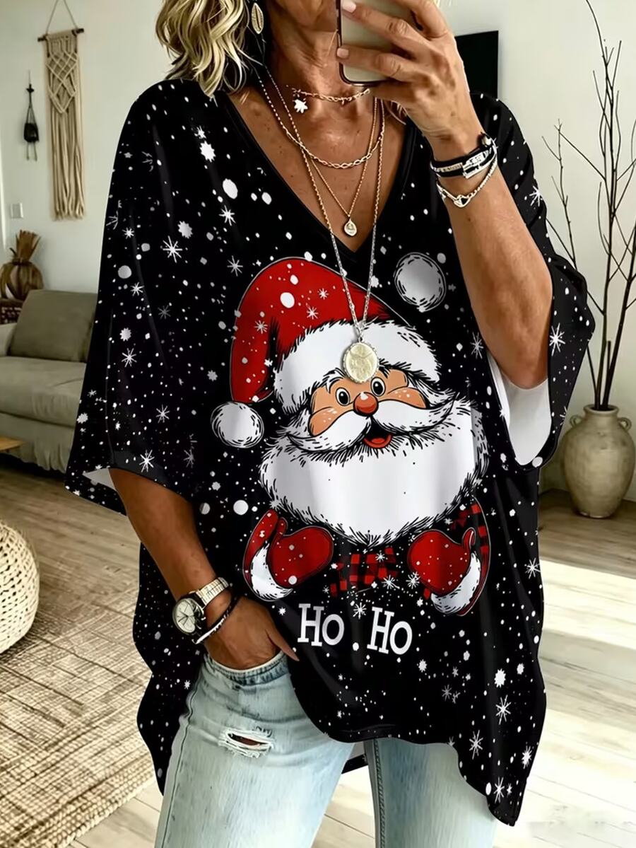 SHEIN LUNE 女款V領大尺碼T恤,聖誕老人印花搭配「Ho Ho」文字設計,雪花與星空夜空圖案 - 彩色 - 查看 1