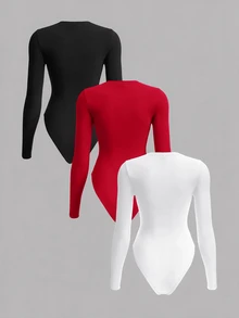 SHEIN BASICS بودي سوت مقاس كبير كاجوال أنيق متعدد الاستخدامات بلون موحد بأكمام طويلة للخريف للمناسبات الرسمية والسهرات والعطلات - متعدد الألوان - مشاهدة 4