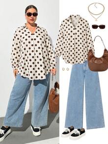 Shapeblank Women's Plus-Size Casual V-Neck Long-Sleeve Shirt – Apricot With Large Polka Dots – Loose, Comfortable, And Stylish For Spring & Autumn,Fall Outfits - Apricot - View 5