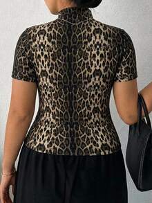 Dazy Plus Plus Size Women's Short Sleeve Leopard Print Turtleneck Base Layer T-Shirt - Brown - View 2