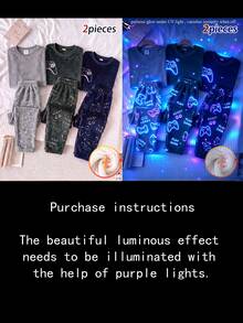 2pcs/Set Boys Fashion New Solid Color Crew Neck Long Sleeve Top With Game Pattern Element Full Print UV Shines Glowing Long Pants Double-Sided Flannel Fuzzy Pattern Print Loungewear Pajamas - Multicolor - View 3