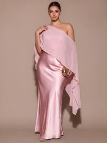 SHEIN BAE CURVE 大尺碼女款優雅長版不對稱單肩洋裝 - 粉色 - 查看 4