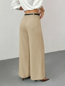 SHEIN PETITE 女款小碼黑色寬腿褲附腰帶，高腰優雅大方，適合職場、學校、辦公室、休閒通勤，秋季商務教師節褲裝 - 駝色 - 查看 2