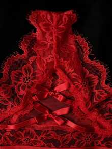 SHEIN 女款性感睫毛蕾絲網紗三角內褲 - 紅色 - 查看 4