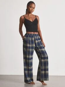 Ocili Ribbed Comfortable Lace Trim Minimalist Plaid Cotton Long Pants Drawstring Women's Loungewear Set - Multicolor - View 4