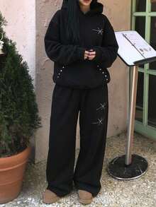 DAZY Women's 2pcs Rhinestone Pattern Loose Hooded Pullover Sweatshirt & Long Pants Casual Sports Streetwear Korean Style Fleece Lined Set, Autumn/Winter - Black - View 3